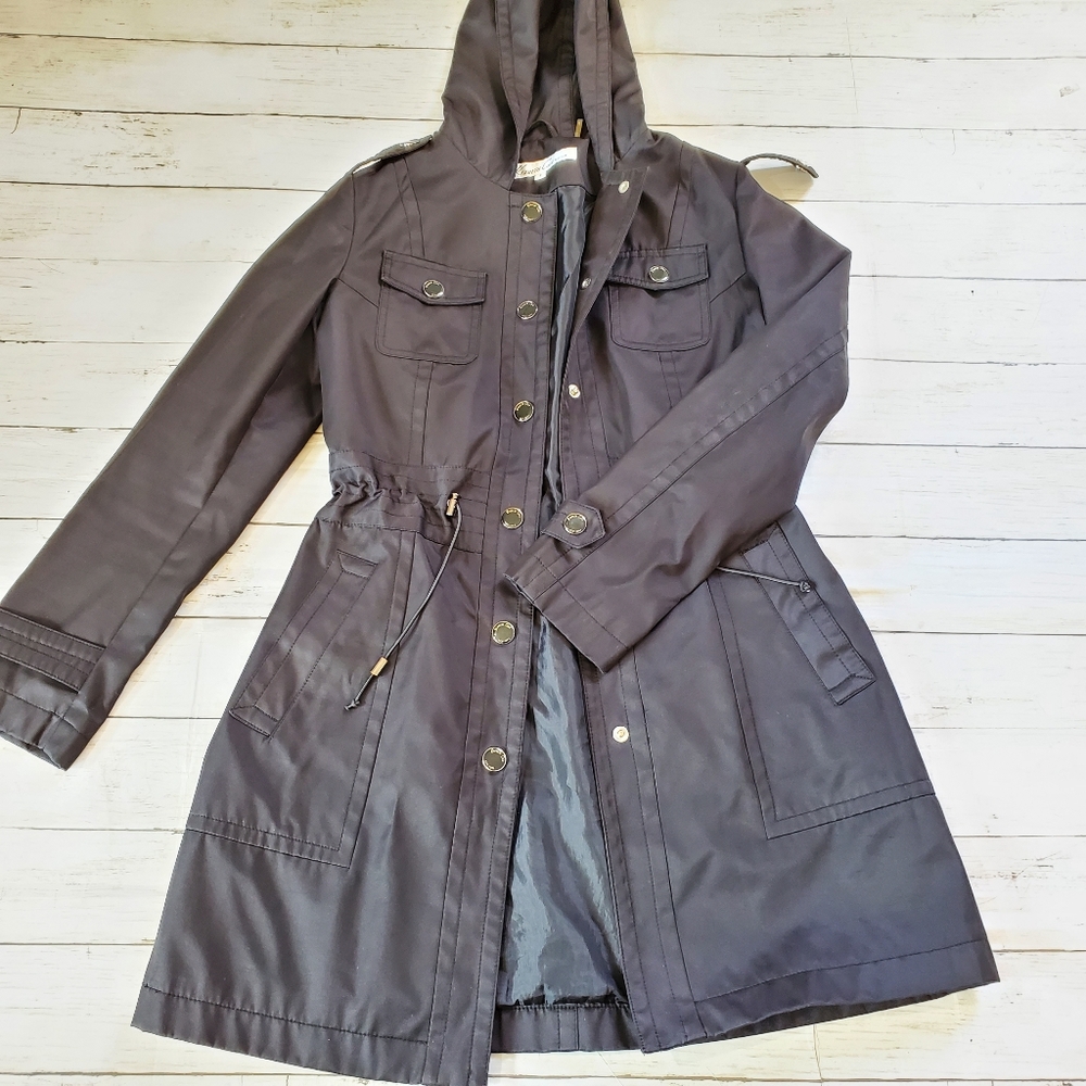 Kenneth cole new york hooded black mid length coat jacket cinched size‎ small